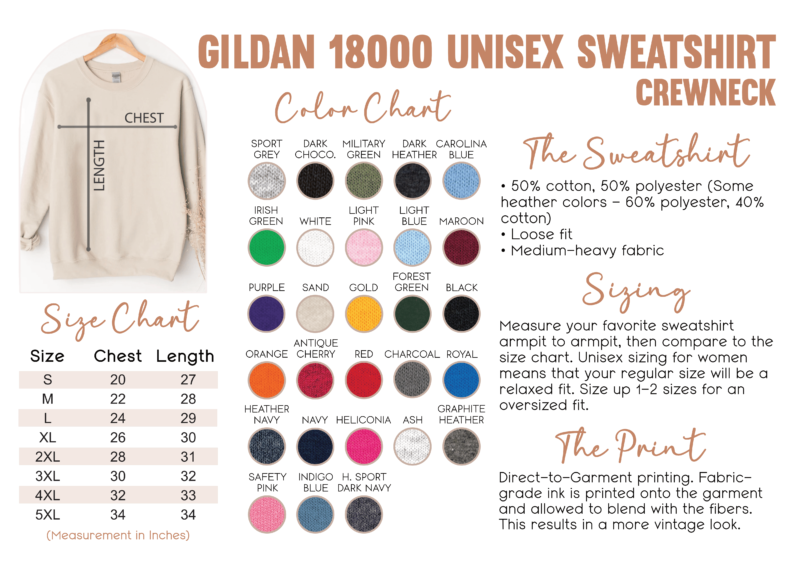 Gildan 18000 Sweatshirt Size and Color Chart