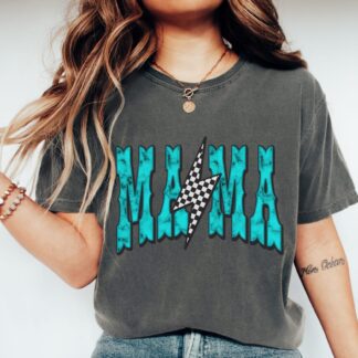 Comfort Colors Turquoise Mama Checkered Lightning Bolt T-Shirt in Pepper