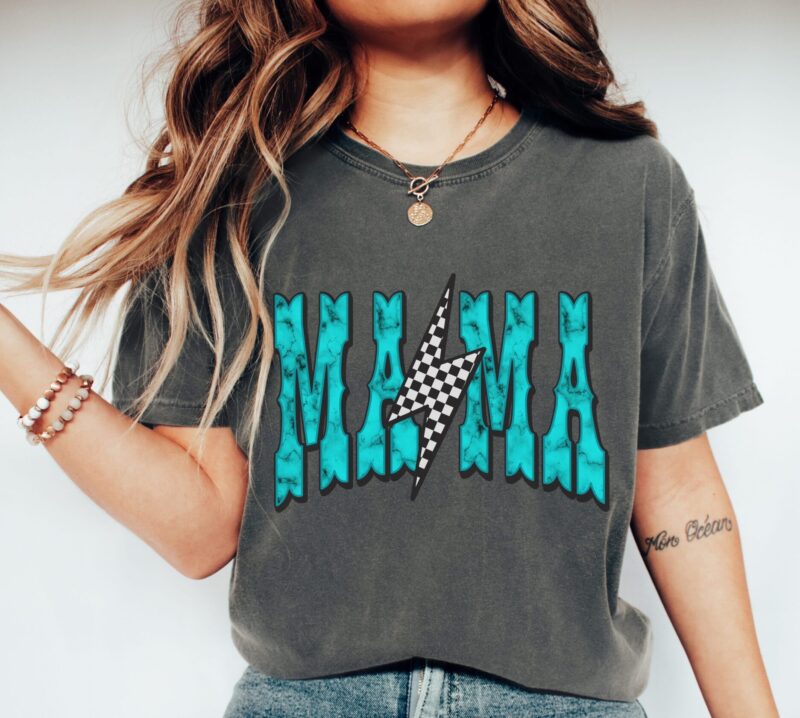 Comfort Colors Turquoise Mama Checkered Lightning Bolt T-Shirt in Pepper