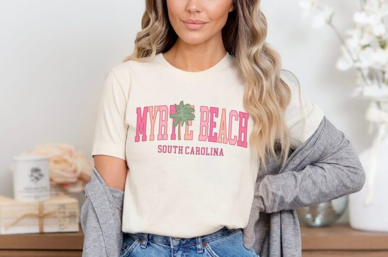 Myrtle Beach South Carolina T-Shirt Pink Print in Natural