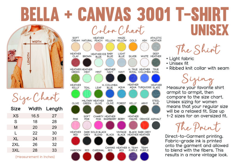 Bella and Canvas 3001 T-Shirt Color and Size Chart