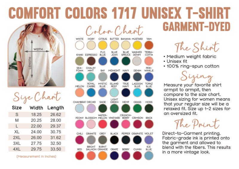 Comfort Colors 1717 T-Shirt Color and Size Chart