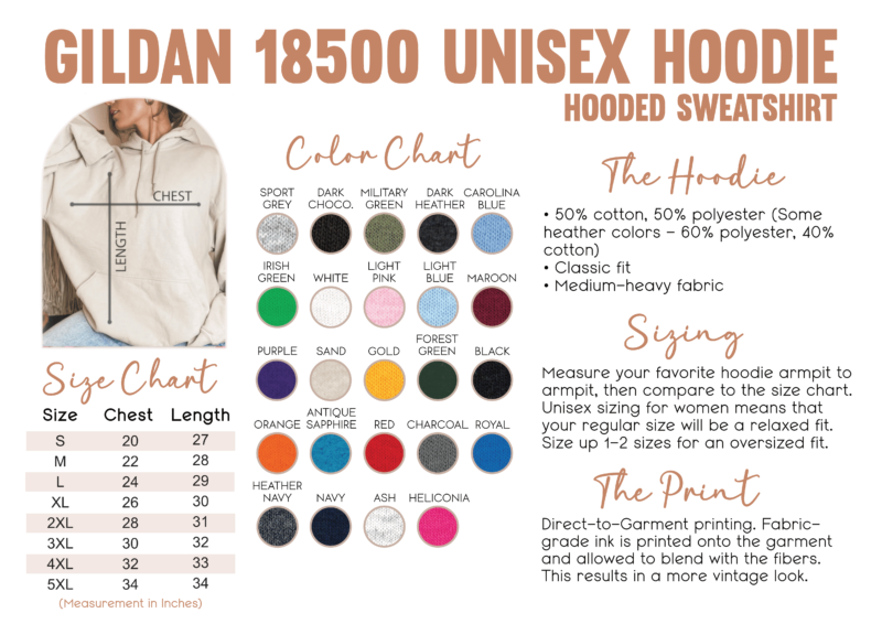 Gildan 18500 Hoodie Hooded Sweatshirt Size and Color Chart